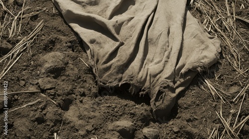 A tattered piece of faded fabric rests upon the dry, textured earth