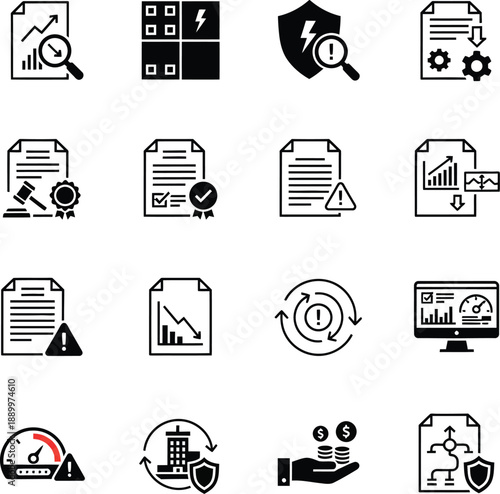 Risk Management Icon Set for Financial Crisis Analysis Credit Assessment Insurance Protection Business Stability Assessment Investment Security and Audit Compliance Solid Glyph Icons