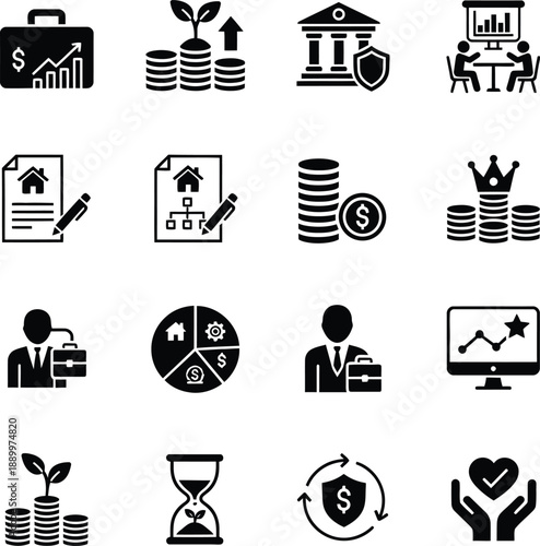 Wealth Management Icon Set Featuring Financial Planning Investment Strategy Portfolio Diversification Banking Security Asset Growth and Retirement Planning Solid Glyphs for Business Analysis