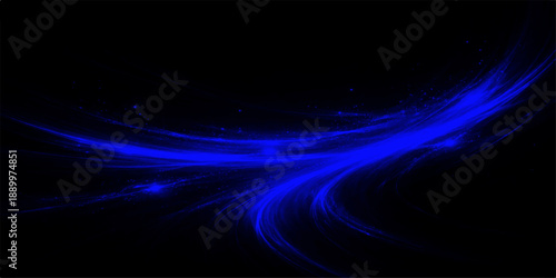 Abstract blue background with flowing waves and glowing light lines creates a futuristic digital art backdrop featuring dark texture and swirl motion energy in a fractal space illustration loop
