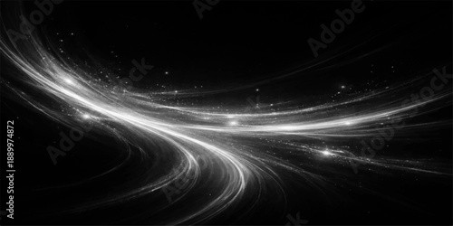 Abstract black and white flowing wave background featuring digital motion lines and futuristic glowing energy in a dark space design texture