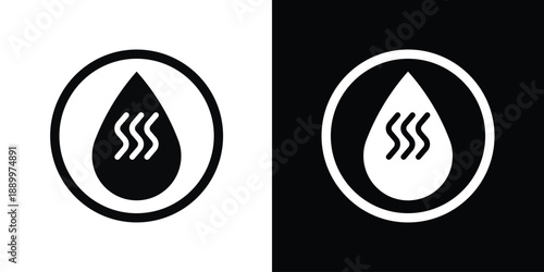 Minimalist hot liquid or steam drop icon inside a circle. Represents boiling water, oil, or thermal energy. Perfect for safety labels and industrial warning signs.
