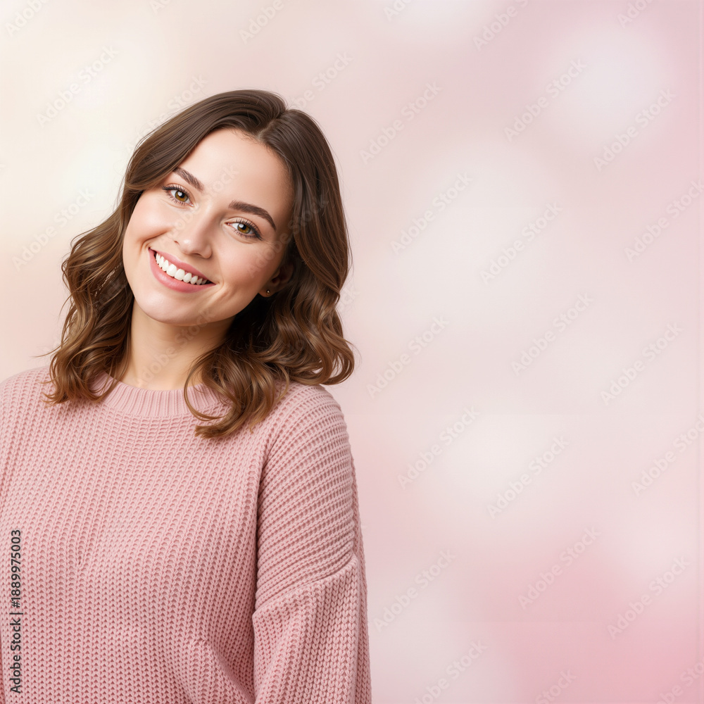 Fototapeta premium Young woman with a warm smile and wavy brown hair wearing a pink sweater