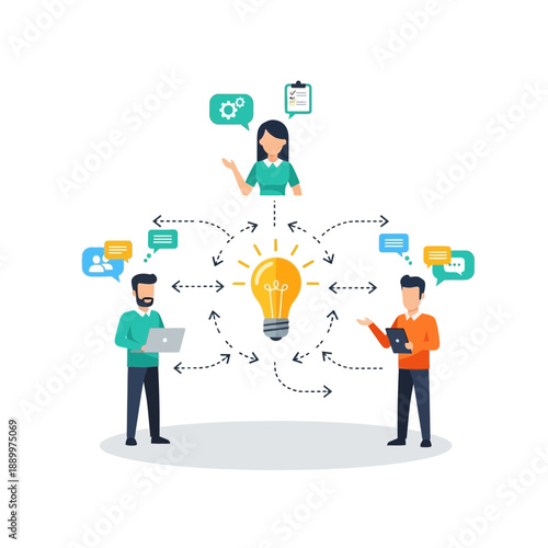 Team collaboration and brainstorming around a central idea, with people sharing thoughts and developing strategies.