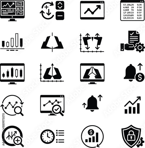 Trading Platform and Financial Market Icon Set Featuring Minimalist Black Vector Symbols for Candlestick Charts Stock Volatility Price Alerts and Technical Analysis Dashboard