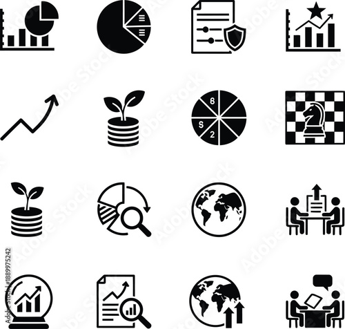 Investment Planning and Wealth Management Icon Set Featuring Minimalist Black Vector Symbols for Portfolio Diversification Financial Growth Strategy Global Markets and Strategic Asset Allocation