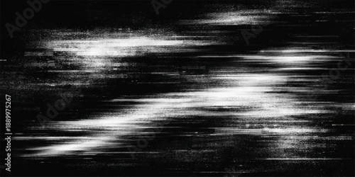 An abstract black and white grunge background features a dark stormy sky with heavy clouds and rain textures over a moody night ocean