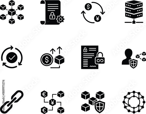 Blockchain Finance and Decentralized Ledger Icon Set Featuring Minimalist Black Vector Symbols for Smart Contracts Crypto Asset Security Data Encryption and Global FinTech Networking