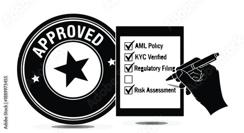 Approved stamp with checklist on tablet screen and hand holding pen, regulatory compliance concept, business and finance illustration