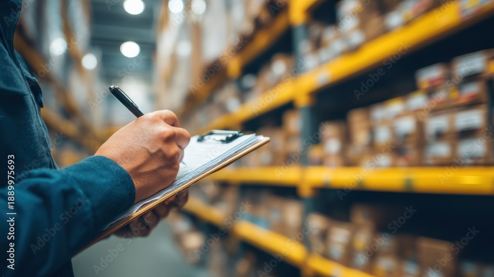Naklejka premium Worker's hand holding clipboard and pen against yellow warehouse racking and storage background