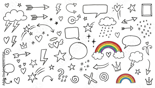 Cute Doodle Vector Collection – Hand-Drawn Hearts, Stars, Clouds, Flowers, Arrows, Animals, Speech Bubbles, Whimsical Elements for Scrapbooking, Journaling, Design Projects, Vector Icons