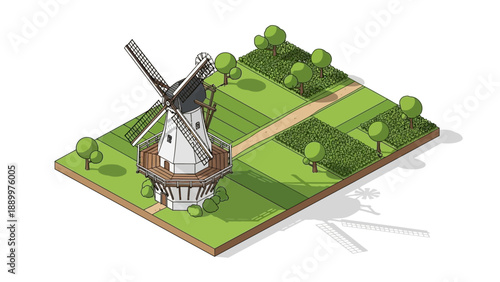 Isometric illustration of a traditional windmill surrounded by green fields and trees.