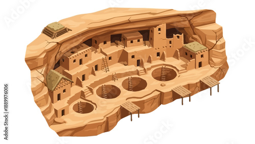 Ancient cliff dwellings carved into rock with circular kivas and adobe structures.