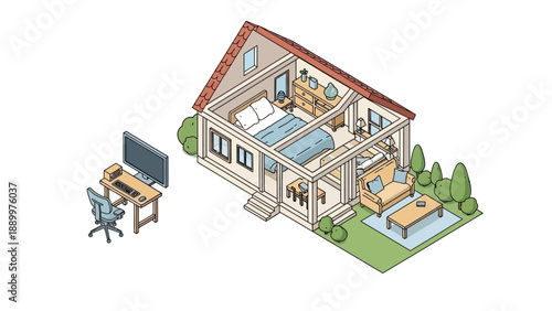 Isometric illustration of a modern home interior with living room and workspace.