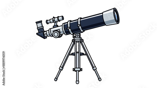 Detailed illustration of a classic astronomical telescope on tripod stand.