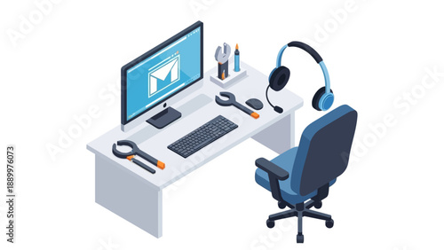 Modern office workspace with computer, headset, and stationery on white desk.