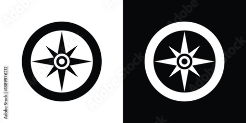 Vector illustration of a compass rose icon in a circle. Minimalist black and white design for navigation, travel, and direction symbols for user interfaces and maps.