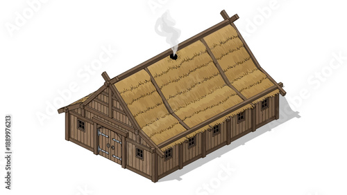 Traditional rustic wooden house with thatched roof and smoke coming from chimney.