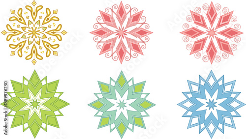 Colorful mandala snowflake ornament icon set with symmetrical floral star patterns for decorative winter and festive designs