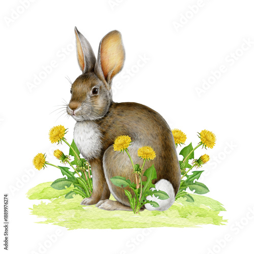 Cute bunny on the green grass with dandelion flowers. Hand drawn watercolor illustration. Easter mood vintage style cozy springtime image. Easter bunny with spring flowers on white background