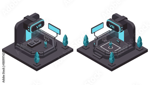 Isometric virtual reality gaming setups with VR headsets and controllers on platforms.