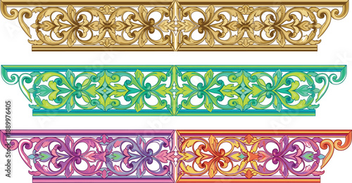Ornate decorative floral border frame set in gold green and pink colors for luxury vintage design projects