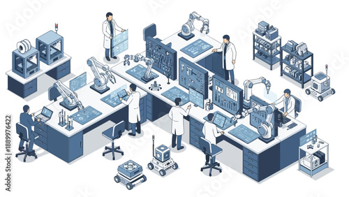 Isometric laboratory with scientists conducting research and analyzing data.