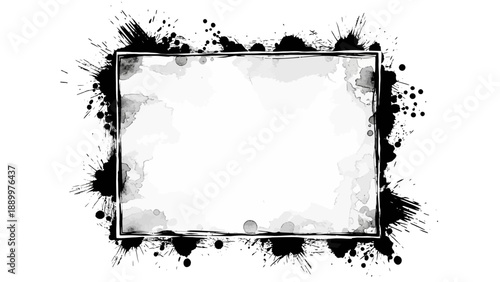 Abstract black and white ink splatter frame with grunge texture.