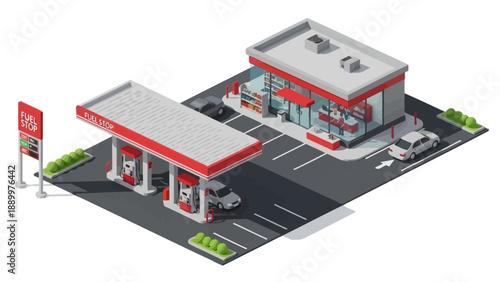 Isometric view of a modern gas station with fuel pumps and convenience store.