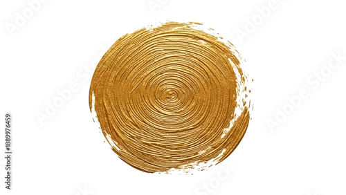 Abstract golden circular brush stroke on white background with textured paint.