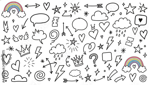 Cute Doodle Vector Collection – Hand-Drawn Hearts, Stars, Clouds, Flowers, Arrows, Animals, Speech Bubbles, Whimsical Elements for Scrapbooking, Journaling, Design Projects, Vector Icons