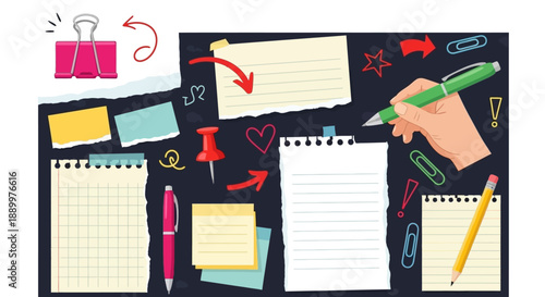 Vector Illustration of Hand-Drawn Stationery Elements and Torn Paper on Dark Background