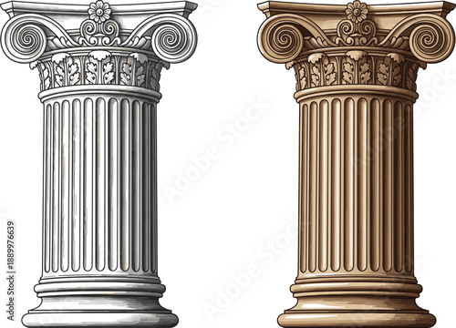 Classical ionic column illustration set in stone and bronze colors for architecture heritage and antique design projects