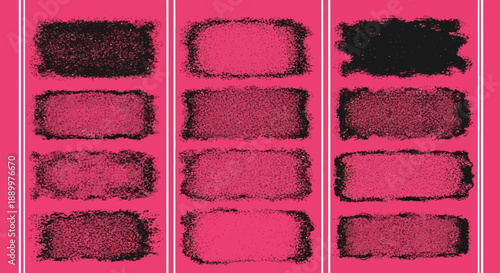 Grungy Textured Brush Stroke Frames, Set of Black Textured Rectangular Borders on Pink Background