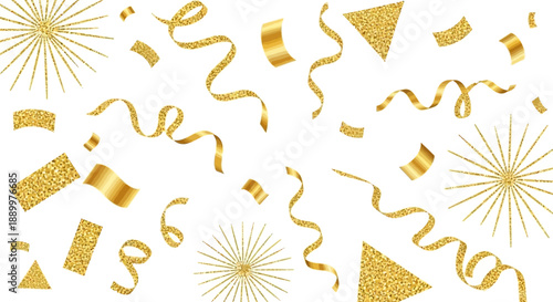 Gold Glitter Confetti and Streamers Flying, Festive Celebration Elements Isolated on White