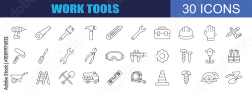 Collection of work tools icons, with editable stroke.