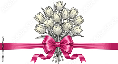Elegant White Tulip Bouquet Tied with a Luxurious Pink Ribbon and Bow