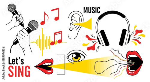 Vibrant Illustration of Singing, Music, Listening, and Expression with Icons