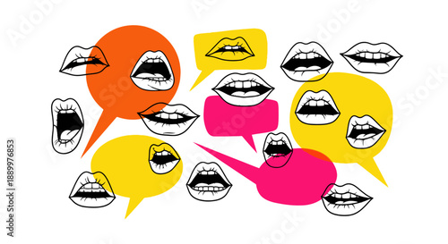 Collage of Diverse Mouths Expressing Speech in Colorful Speech Bubbles