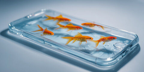 surreal conceptual photograph of a clear glass smartphone filled with blue water and swimming goldfish symbolizing digital detox resting on a clean white studio table.