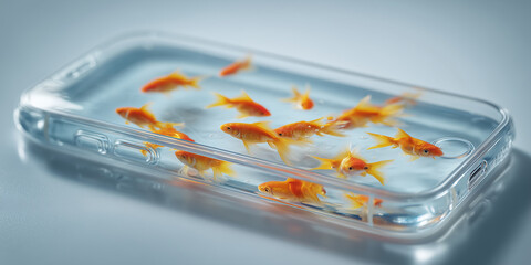 surreal conceptual photograph of a clear glass smartphone filled with blue water and swimming goldfish symbolizing digital detox resting on a clean white studio table.