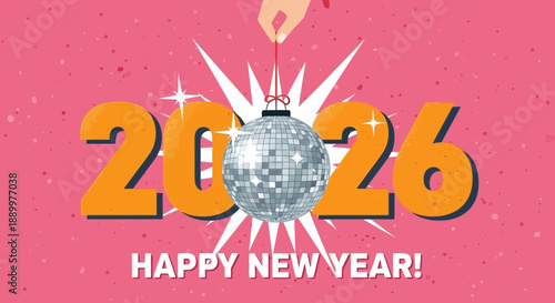 Happy New Year 2026 Celebration with Disco Ball and Sparkling Lights