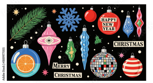 Retro Christmas Ornaments Collage with Festive Elements on Black Background