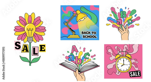 Creative Back to School and Sale Concepts: Back to School Supplies and Education Theme Graphics