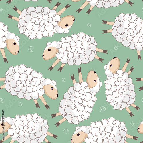 Seamless green background with funny white sheep. Nursery background design for prints, fabric, textile, wallpaper, wrapping paper. Vector illustration