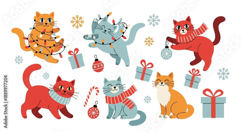 Cute Cartoon Cats Celebrating Christmas with Lights, Gifts, and Ornaments