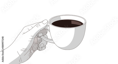 Close-up of Hand Holding a White Mug Filled with Dark Coffee, Vector Art
