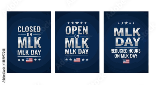 MLK Day Business Status Graphics: Open, Closed, Reduced Hours Set