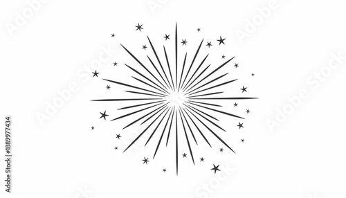 Firework Burst Vector Graphic – Black and White Radiating Lines with Stars, Festive Celebration Element for Holidays, Parties, Achievements, Transparent Background, Editable Vector Design