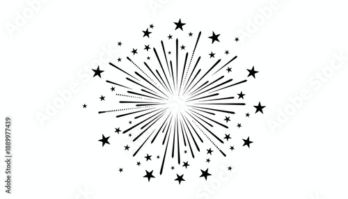 Firework Burst Vector Graphic – Black and White Radiating Lines with Stars, Festive Celebration Element for Holidays, Parties, Achievements, Transparent Background, Editable Vector Design